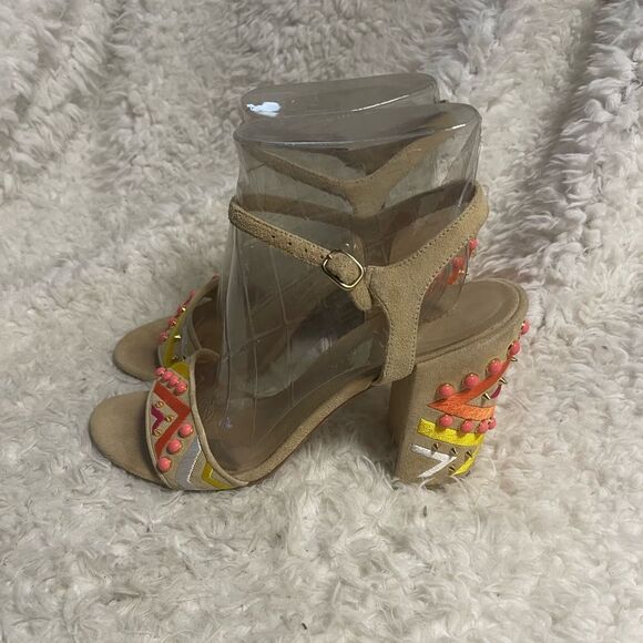 Stuart Weitzman Beige Multi Embellished Suede Ankle Strap heels Sandals SZ10 - Picture 1 of 9